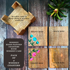 Hand Painted Floral Wooden Coasters Pack of 4 With Wooden Case Or Holder