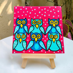 Craftooba Hand-Painted Mini Canvas – Vibrant Owl Family Art