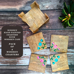 Hand Painted Floral Wooden Coasters Pack of 4 With Wooden Case Or Holder