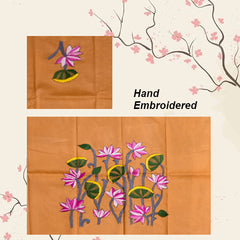 Hand-Embroidered 100% Cotton Blouse Fabric – Peach with Lotus Floral Design | Blouse material | Designer blouse | Kantha hand embroidered blouse piece