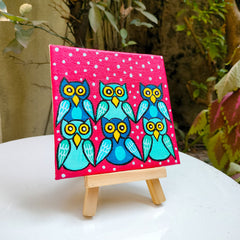 Craftooba Hand-Painted Mini Canvas – Vibrant Owl Family Art