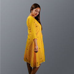 Yellow Jamdani Dress with Lace Detailing