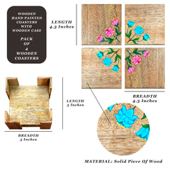 Hand Painted Floral Wooden Coasters Pack of 4 With Wooden Case Or Holder