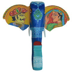15-Inch Hand-Painted Elephant Head Wall Décor Featuring Royal Indian King and Queen