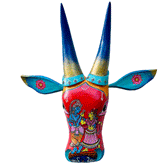 Hand-Carved & Hand-Painted Wooden Cow Head | Radha Krishna | 15 Inches | Orissa Pattachitra Art | Vastu Decor | Oachira Festival Inspired