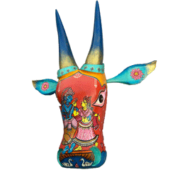 Hand-Carved & Hand-Painted Wooden Cow Head | Radha Krishna | 15 Inches | Orissa Pattachitra Art | Vastu Decor | Oachira Festival Inspired