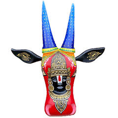 Hand-Carved & Hand-Painted Wooden Cow Head | Lord Balaji | 15 Inches | Vastu Positive Decor | Oachira Festival Inspired