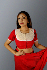 Red handwoven jamdani blouse with hakoba yoke and lace detailing