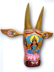 Hand-Carved & Hand-Painted Wooden Cow Head | Goddess Lakshmi | 15 Inches | Vastu Positive Decor | Oachira Festival Inspired