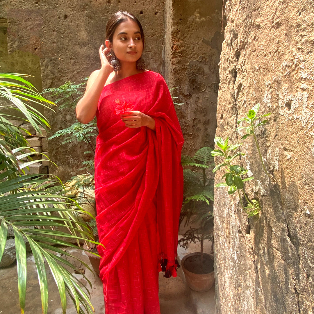 Craftooba Handwoven and hand spun Red soft cotton saree | Saree | Sari | Ethnic Wear | Sarees for women | Women Wear | Cotton saree