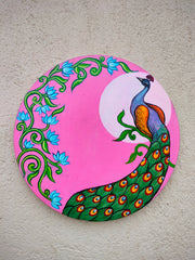 "Hand-Painted Round Canvas | Majestic Peacock with Lotus Motifs – 12 Inches "