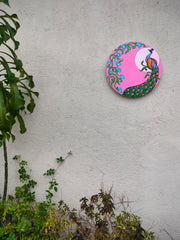 "Hand-Painted Round Canvas | Majestic Peacock with Lotus Motifs – 12 Inches "