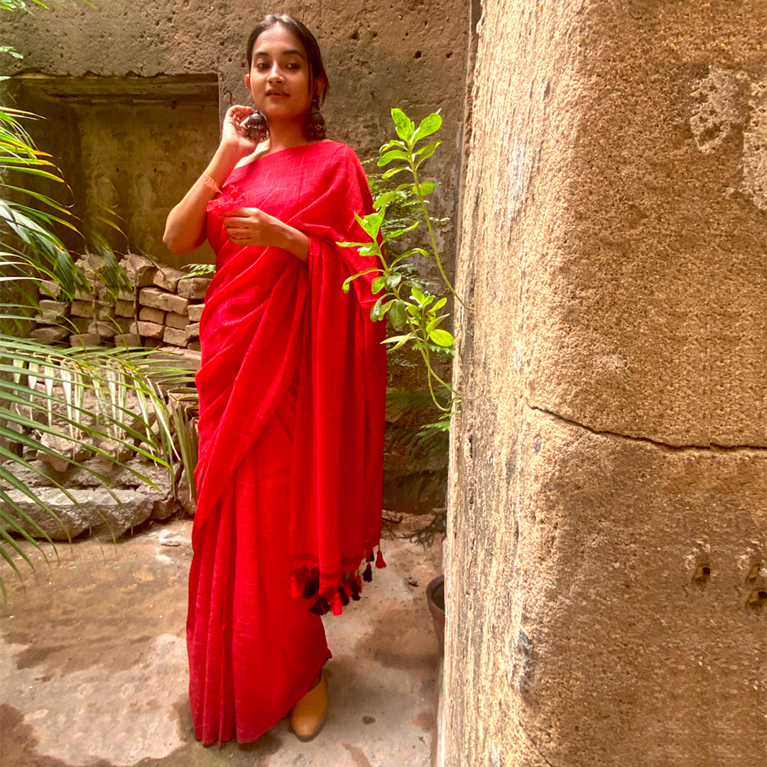 Craftooba Handwoven and hand spun Red soft cotton saree | Saree | Sari | Ethnic Wear | Sarees for women | Women Wear | Cotton saree