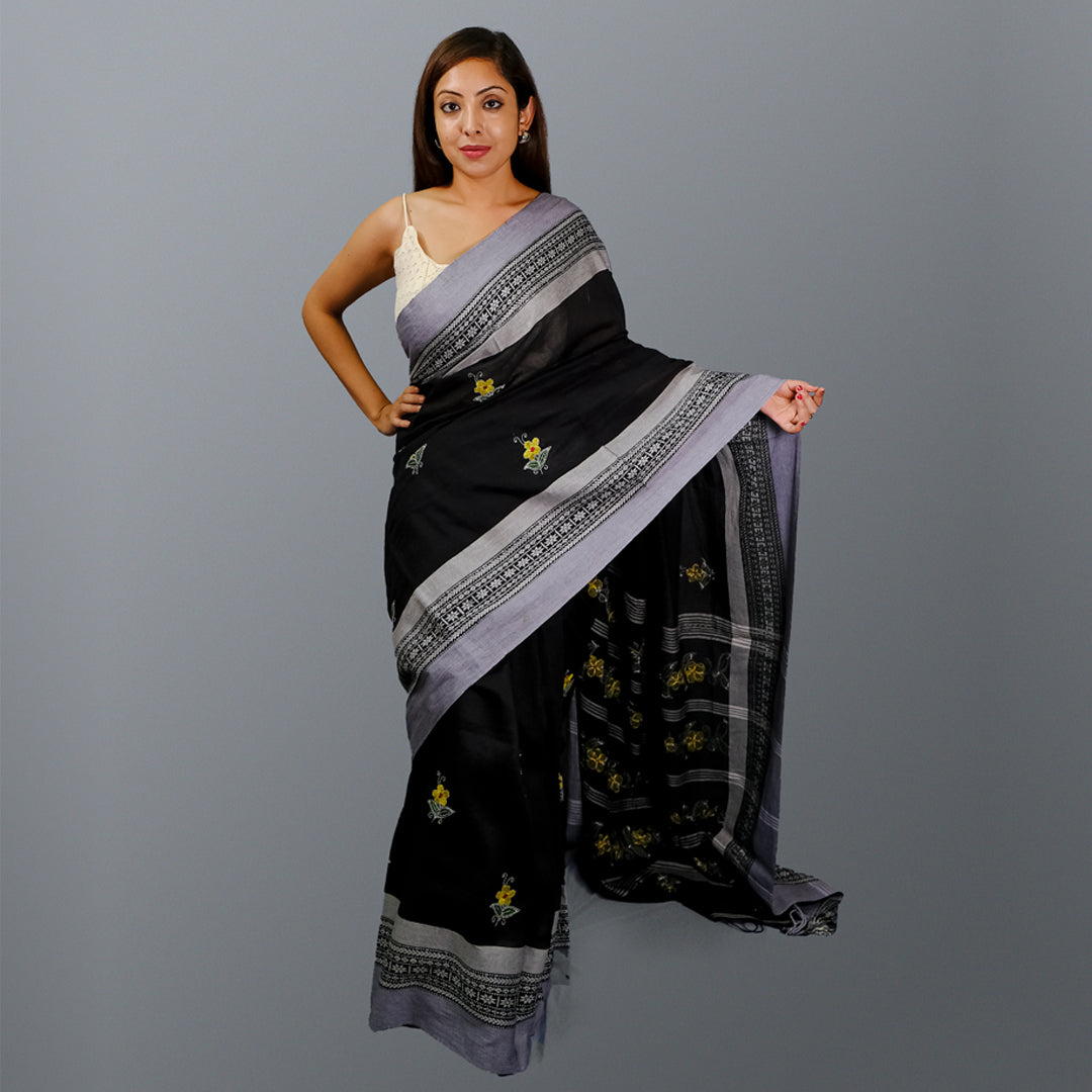 Craftooba Soft Cotton Black Kantha Embroidery Stitch Santipuri Saree | Ethnic Wear | Sarees for women | Women Wear | Hand Embroidered Saree | Kantha Stitch | Saree | Cotton saree |