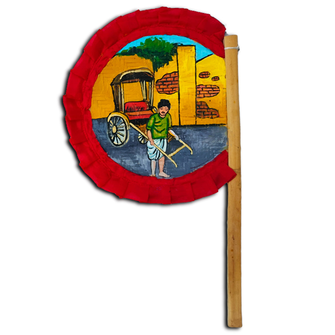 Craftooba Hand Painted Decorative Folk Art Bamboo Made Hand Fan (hatpakha) A man with tana rikshaw | Home Decor & Festival | Handmade & Handpainted Beautiful Traditional Hand Fan.