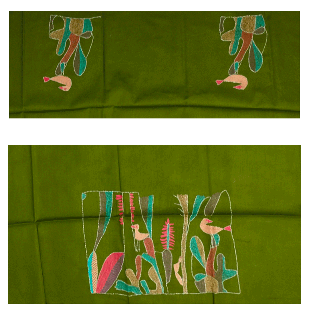 Craftooba Green Designer Blouse Piece | Blouse Material | Designer Blouse | Kantha Hand Embroidered Blouse Piece