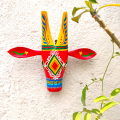 Handcrafted Wooden Cow Head Wall Decor | 6 Inches | Oachira Festival Kerala Inspired | Vastu Positive Home Decor