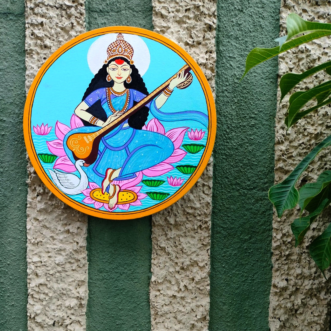 Craftooba Hnad Painted Round Canvas Art for Home Decor Office Studio Wall Living Room Decoration | Saraswati | Canvas Art | Painting | Original Painting