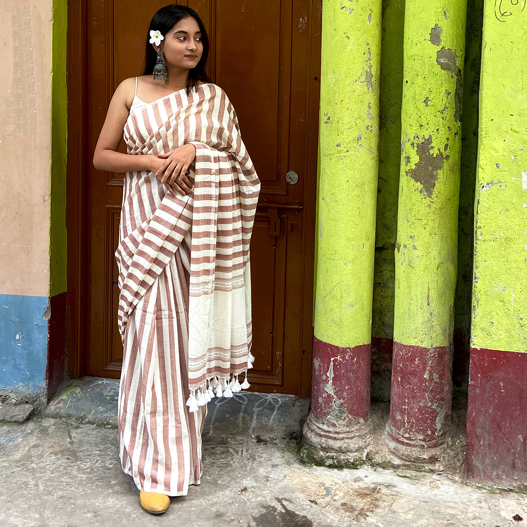 Craftooba Handwoven and hand spun Brown stripe soft cotton saree | Saree | Sari | Ethnic Wear | Sarees for women | Women Wear | Cotton saree