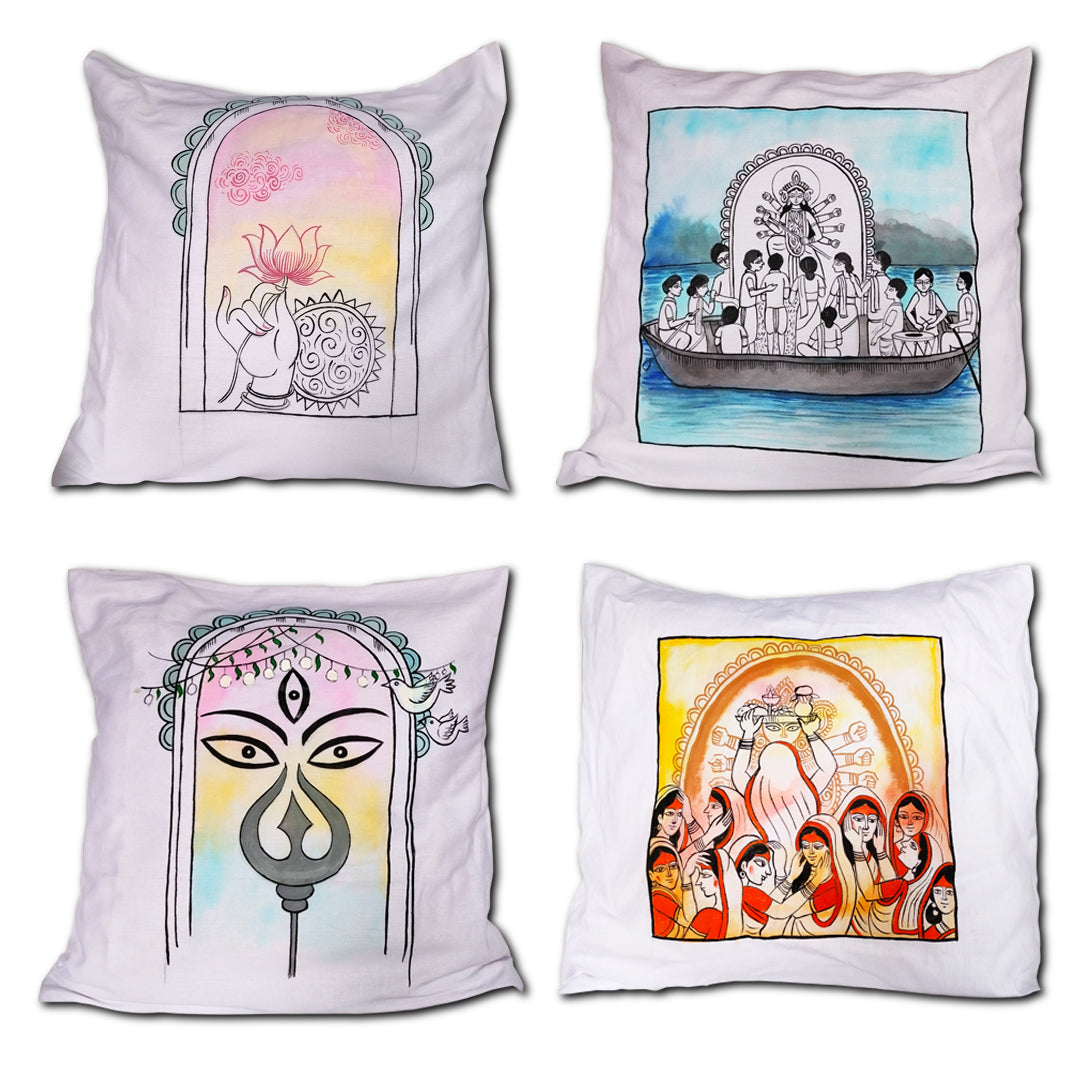 Cotton Hand-Painted 16.5 Inches L X 16.5 Inches W Durga Inspired Cushion Cover Set of 4 (Combo) | Cushion Cover | Cushion | Pillow Cover | Sofa Decor | Home Decor | Premium Cushion Cover