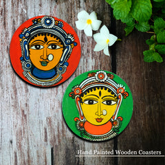 Wooden handpainted Maa Durga Inspired Coasters art Set Of 2 –  | Wooden handpainted coaster decor