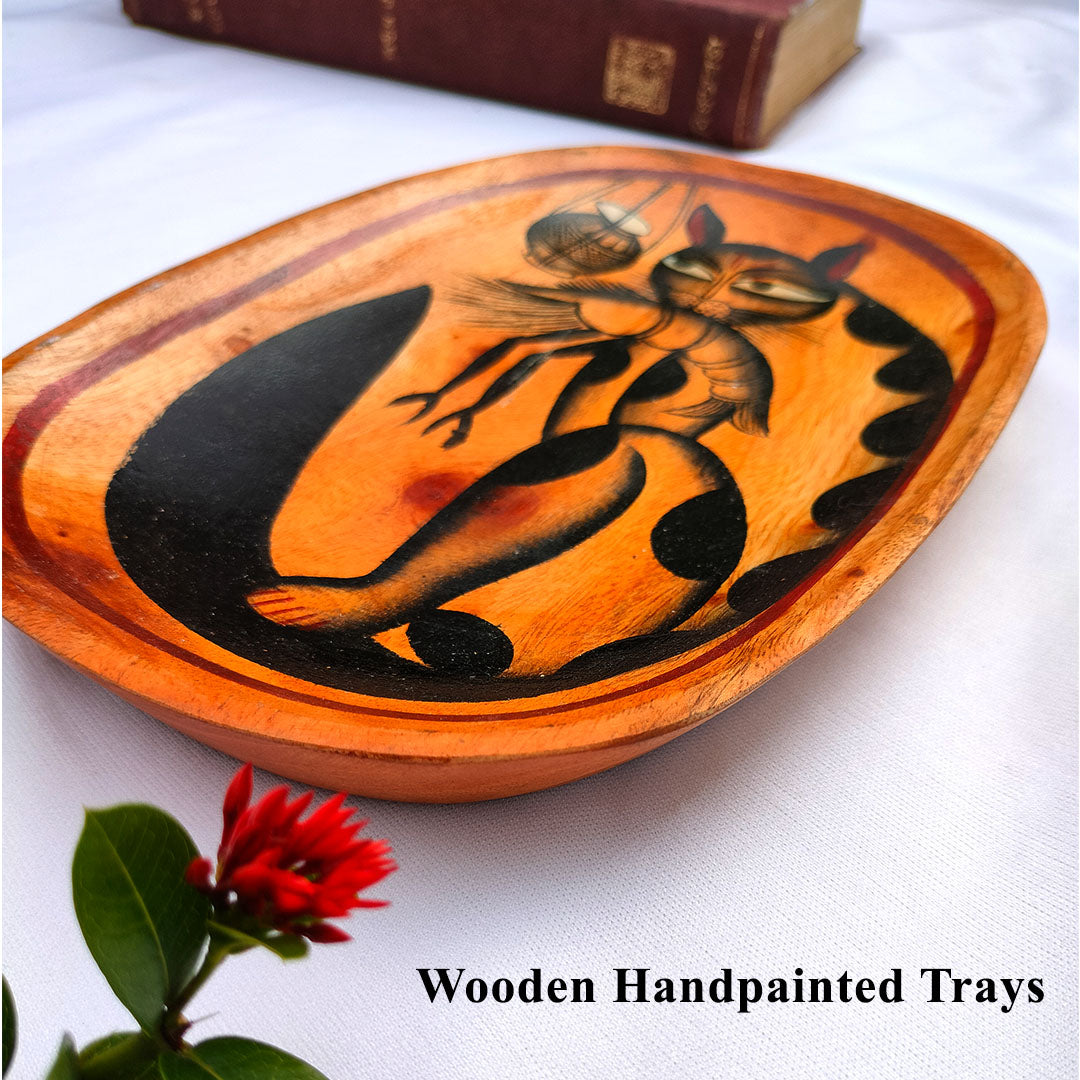 Craftooba A Curious Tale from Kolkata The Cat with The Prawn Handpainted Wooden Tray | Trays | Wooden Tray | Handpainted Trays | Decorative Trays | Serving Tray | Table Top | Decor |