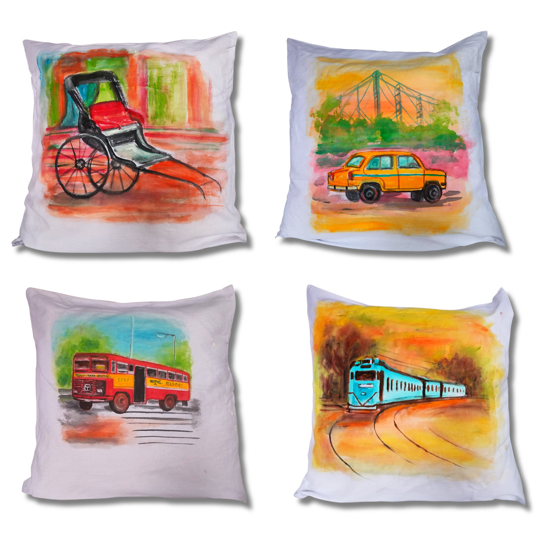 Cotton Hand-Painted 16.5 Inches L X 16.5 Inches W Kolkata Transport Inspired Cushion Cover Set of 4 (Combo) | Cushion Cover | Cushion | Pillow Cover | Sofa Decor | Home Decor | Premium Cushion Cover