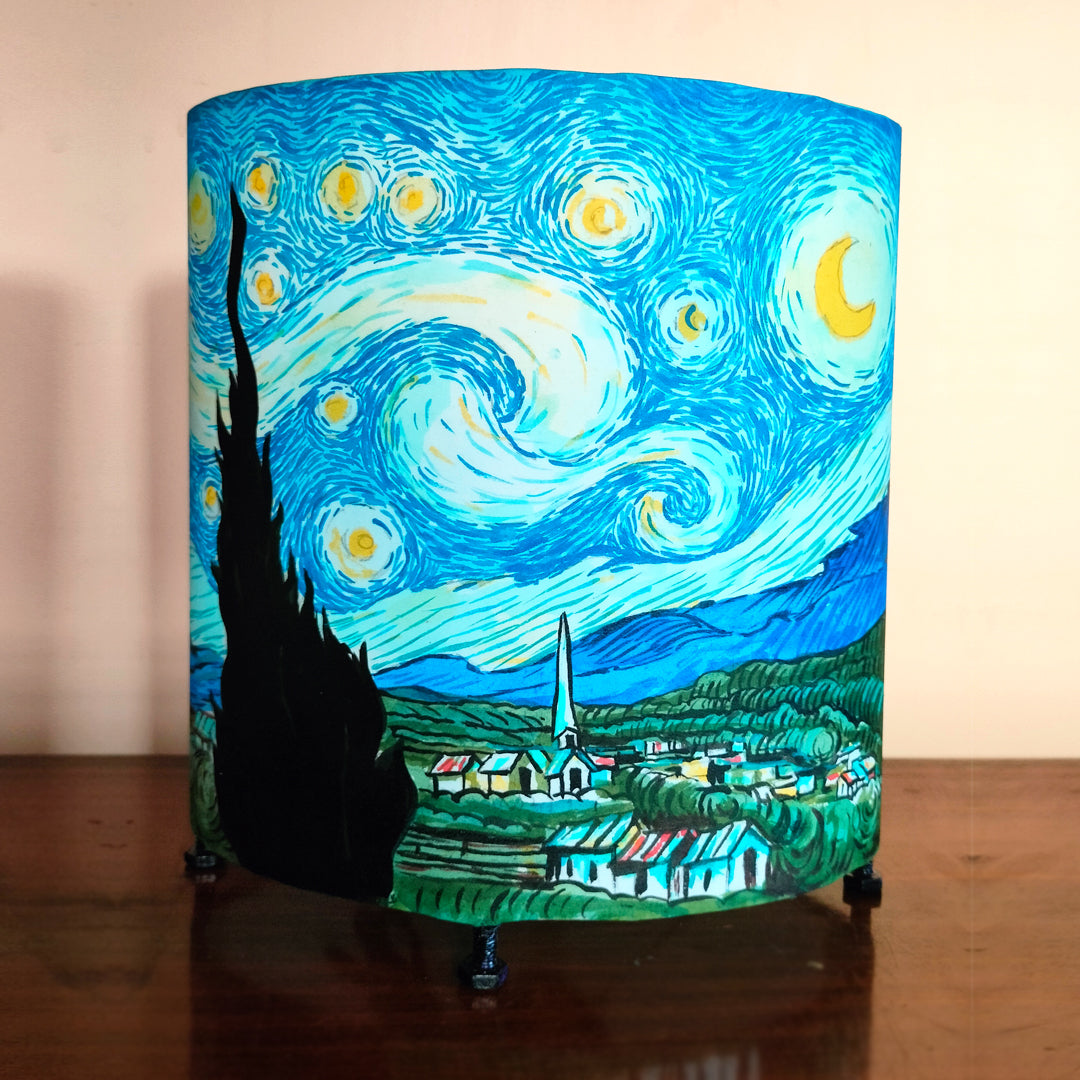 Craftooba Starry night hand painted elliptical lamp blue | Hand Painted Table Lamp Shade | For Bedroom | Home | Living Room | Bedside | Home Decor Items & Gift