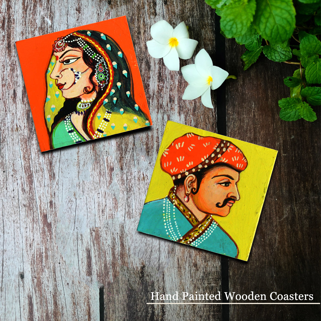 Wooden handpainted Raja and Rani inspired Coasters art Set Of 2  | Wooden handpainted coaster decor