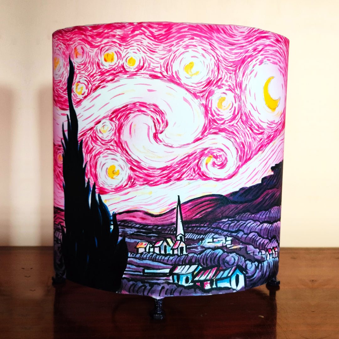 Craftooba Starry night hand painted elliptical lamp pink | Hand Painted Table Lamp Shade | For Bedroom | Home | Living Room | Bedside | Home Decor Items & Gift