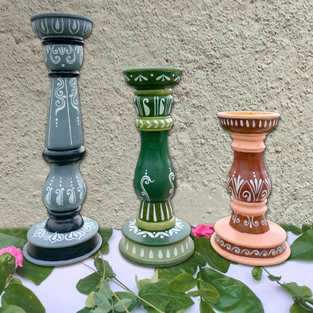 Wooden Hand Painted Decorative Candle Stand - Set of 3 | cnadle | Candle Stand | Diwali Gift | Decor |