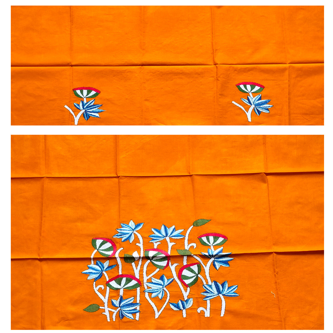 Hand-Embroidered 100% Cotton Blouse Fabric – Orange with Lotus Floral Motif | Blouse Material | Designer Blouse | Kantha Hand Embroidered Blouse Piece