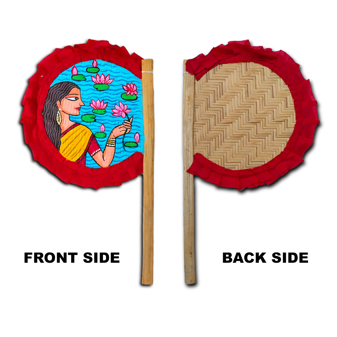 Craftooba Hand Painted Decorative Folk Art Bamboo Made Hand Fan (hatpakha) Women with lotus | Home Decor & Festival | Handmade & Handpainted Beautiful Traditional Hand Fan.