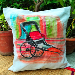 Cotton Hand-Painted 16.5 Inches L X 16.5 Inches W Kolkata Transport Inspired Cushion Cover Set of 4 (Combo) | Cushion Cover | Cushion | Pillow Cover | Sofa Decor | Home Decor | Premium Cushion Cover