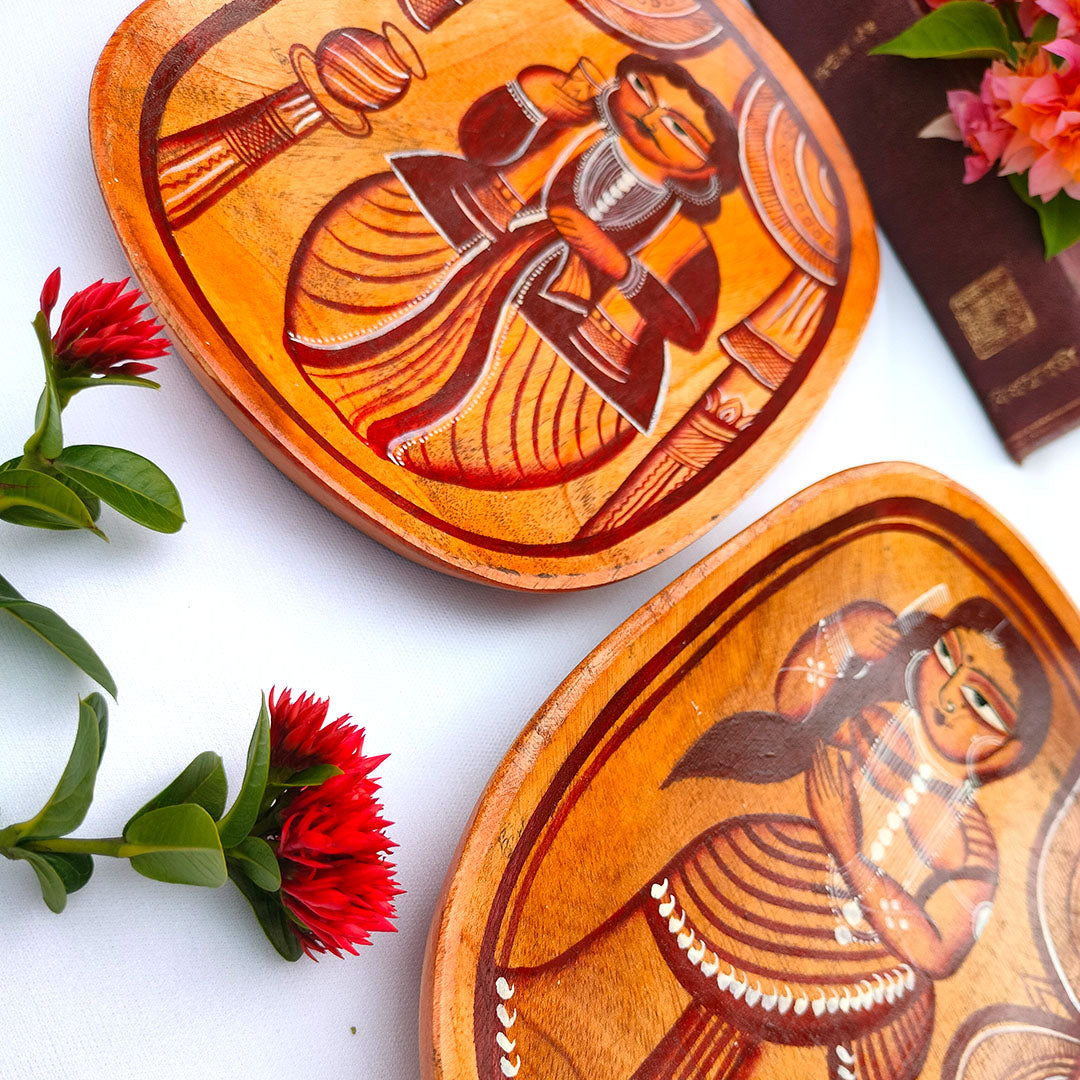 Craftooba Handcrafted Set of 2 Wooden Trays with Kalighat Patachitra – Babu & Bibi Design | Trays | Wooden Tray | Handpainted Trays | Decorative Trays | Serving Tray | Table Top | Decor |