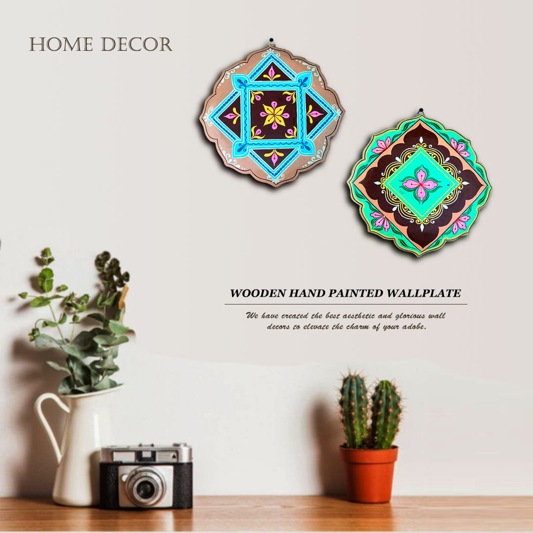 Hand-Painted Engineered Wood Wall Plate Set – Lotus Petal Design (Set of 2)