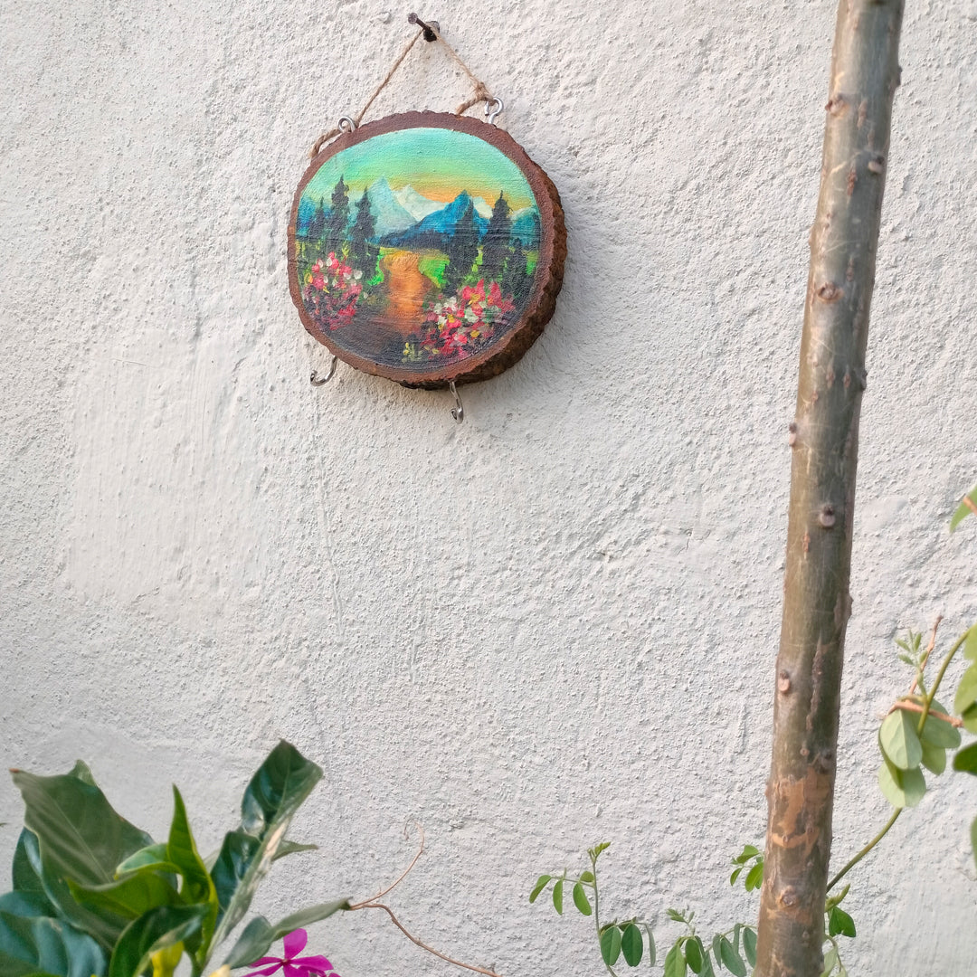 Craftooba Hand-Painted Wooden Key Holder – Scenic Landscape Art on Natural Wood | Wall Mounted | 2 Hooks