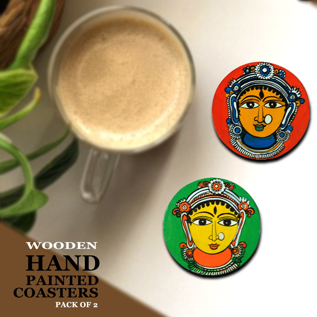 Wooden handpainted Maa Durga Inspired Coasters art Set Of 2 –  | Wooden handpainted coaster decor