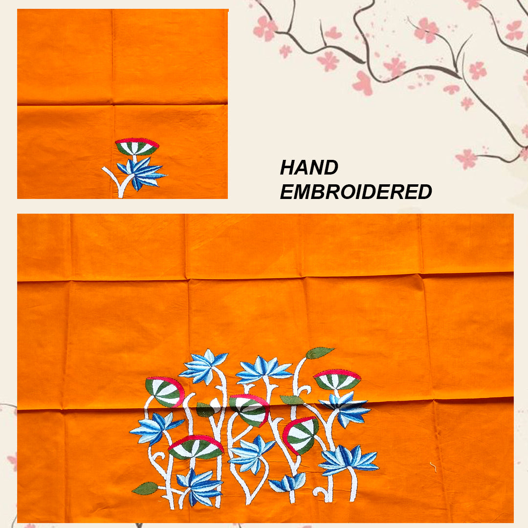 Hand-Embroidered 100% Cotton Blouse Fabric – Orange with Lotus Floral Motif | Blouse Material | Designer Blouse | Kantha Hand Embroidered Blouse Piece