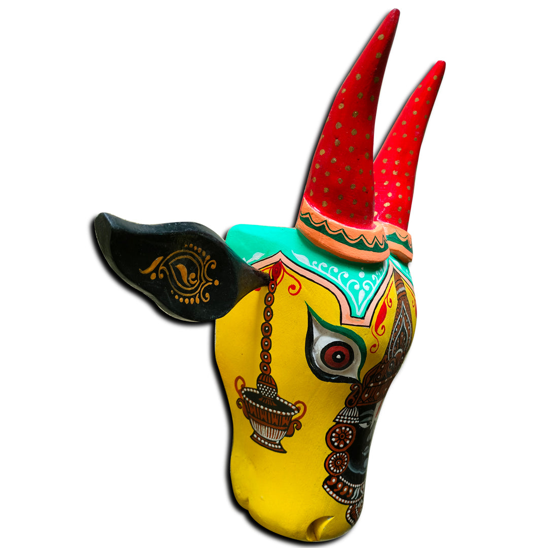 Craftooba 15 Inches ref Hand-Painted Cow Head Yellow Lord Balaji | Bull Head | Wall Decor | Vintage Decor | Nandi | Home Decor