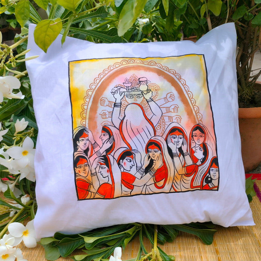 Cotton Hand-Painted 16.5 Inches L X 16.5 Inches W Durga Inspired Cushion Cover Set of 4 (Combo) | Cushion Cover | Cushion | Pillow Cover | Sofa Decor | Home Decor | Premium Cushion Cover