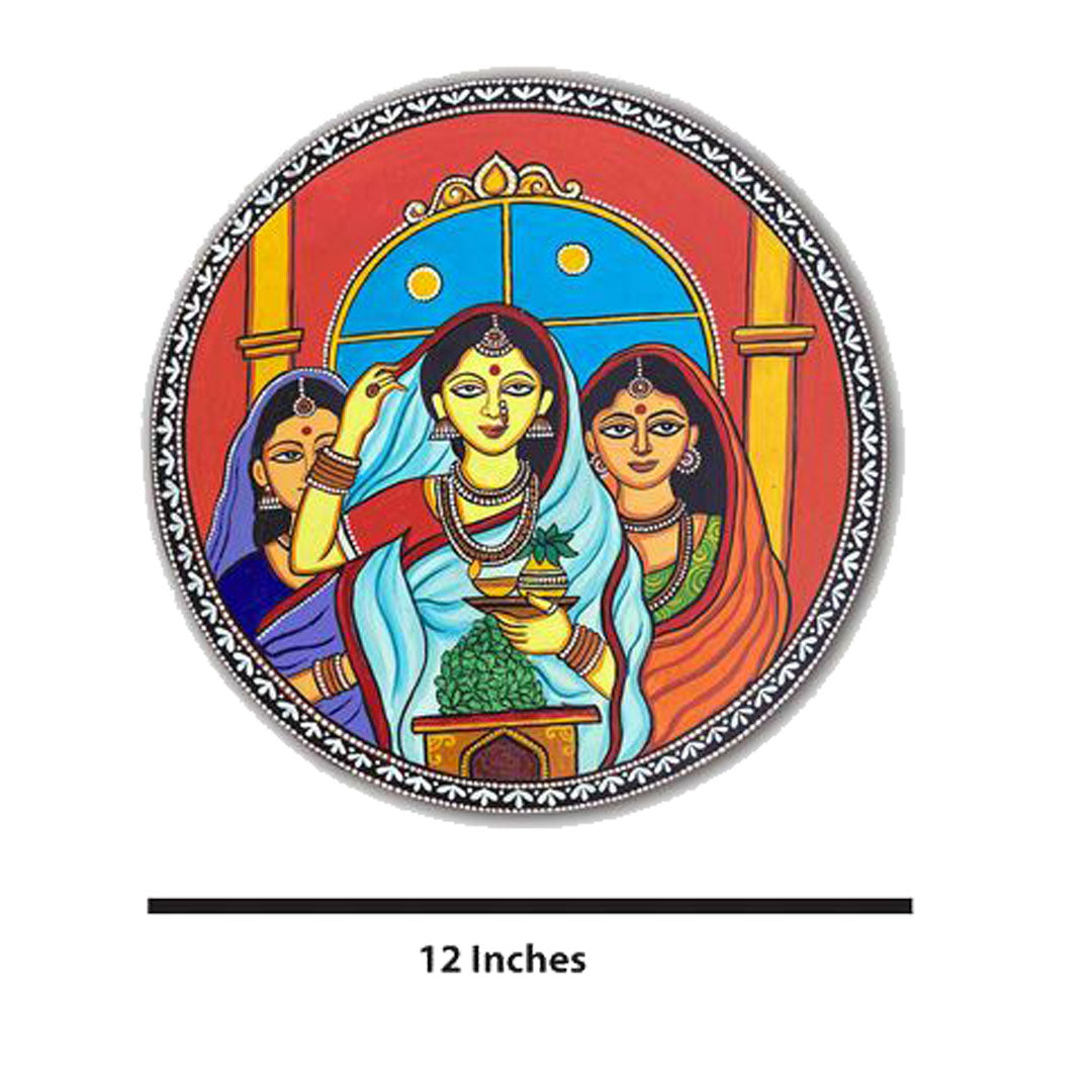 Wooden Hand painted and hand crafted decorative wall plates with Three women near tulsi moncho | wall hangings, wall decor | Home Decor, Office Decor | (Three Women).