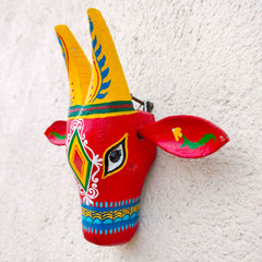 Handcrafted Wooden Cow Head Wall Decor | 6 Inches | Oachira Festival Kerala Inspired | Vastu Positive Home Decor