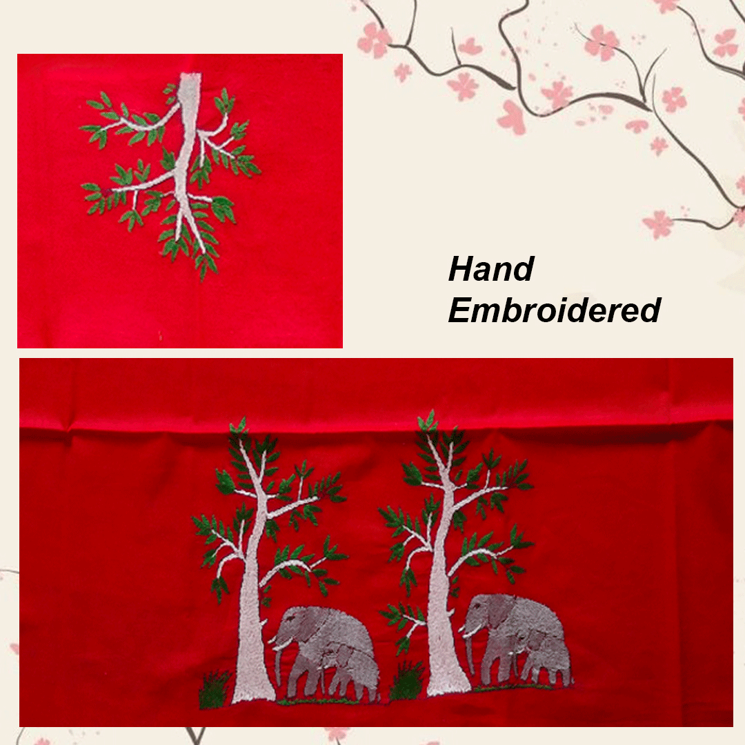 Craftooba Red Elephant Designed Blouse Piece | Blouse Material | Designer Blouse | Kantha Hand Embroidered Blouse Piece