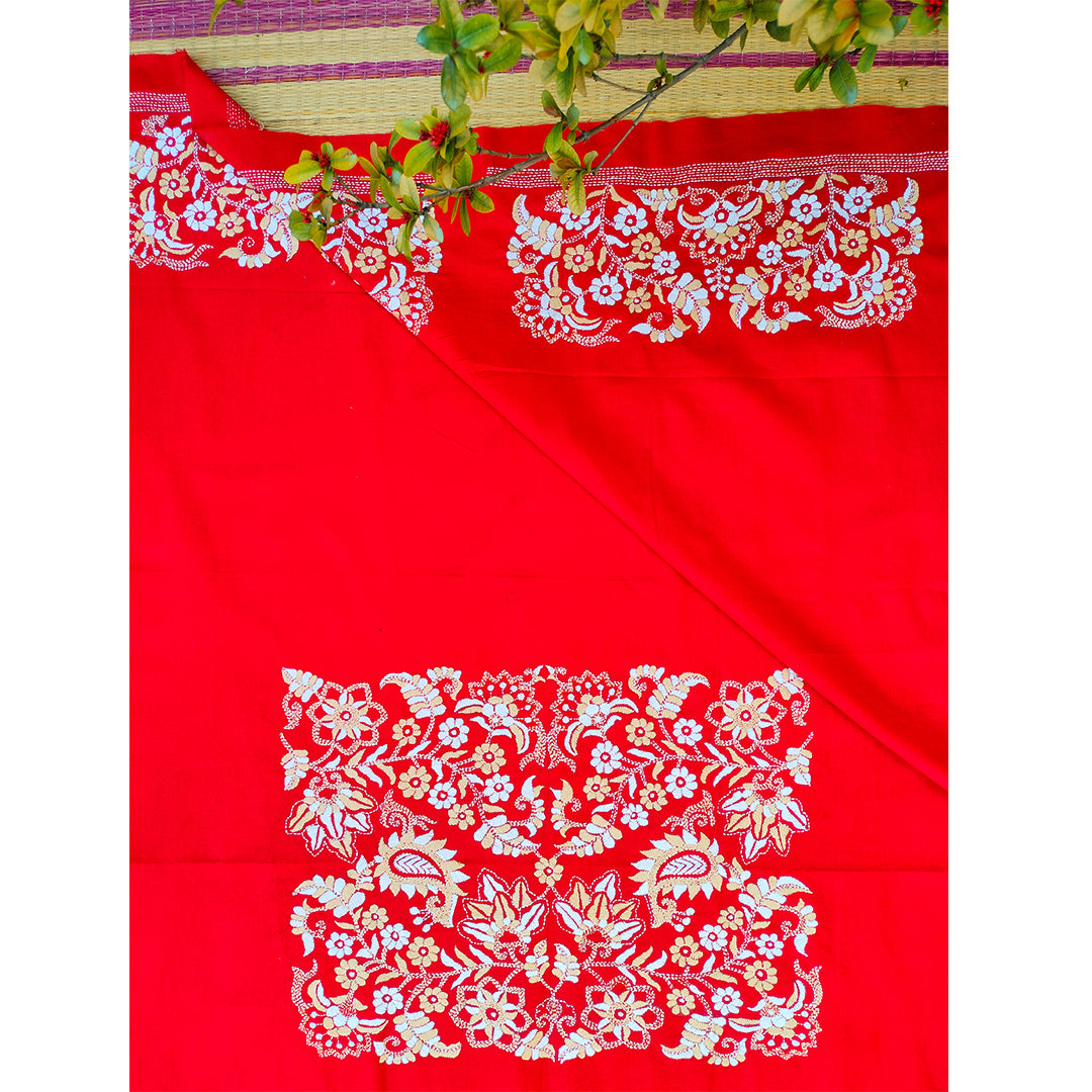 Craftooba Designer handembroidered Blouse Piece | Blouse Material | Designer Blouse | Kantha Hand Embroidered Blouse Piece | red floral