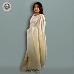 Craftooba Handwoven and hand spun white soft cotton saree with stripes in golden zari | Saree | Sari | Ethnic Wear | Sarees for women | Women Wear | Cotton saree