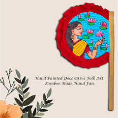 Craftooba Hand Painted Decorative Folk Art Bamboo Made Hand Fan (hatpakha) Women with lotus | Home Decor & Festival | Handmade & Handpainted Beautiful Traditional Hand Fan.