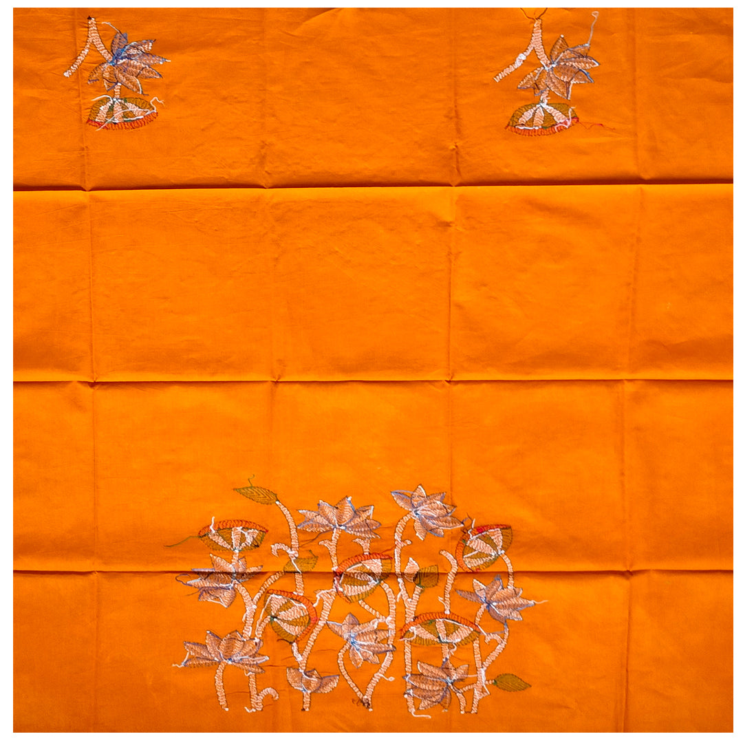 Hand-Embroidered 100% Cotton Blouse Fabric – Orange with Lotus Floral Motif | Blouse Material | Designer Blouse | Kantha Hand Embroidered Blouse Piece