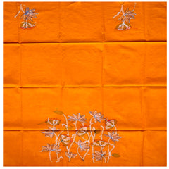 Hand-Embroidered 100% Cotton Blouse Fabric – Orange with Lotus Floral Motif | Blouse Material | Designer Blouse | Kantha Hand Embroidered Blouse Piece