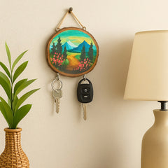 Craftooba Hand-Painted Wooden Key Holder – Scenic Landscape Art on Natural Wood | Wall Mounted | 2 Hooks